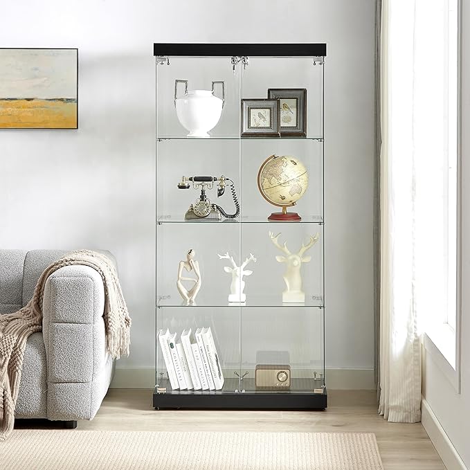 Yoluckea 4 Shelves Glass Display Cabinet with Light and 2 Doors, Floor Standing Clear Glass Curio Cabinet Collection Display for Living Room Bedroom 66.3” x 31.5” x 14.2” Black - Image 4