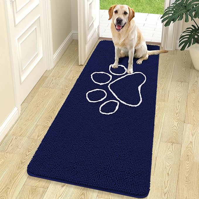 OLANLY Dog Door Mat for Muddy Paws 70x24, Paw Print Design, Absorbs Moisture and Dirt, Absorbent Non-Slip Washable Doormat, Quick Dry Chenille Mud Mat for Dogs, Entry Indoor Entryway Carpet, Navy Blue by OLANLY