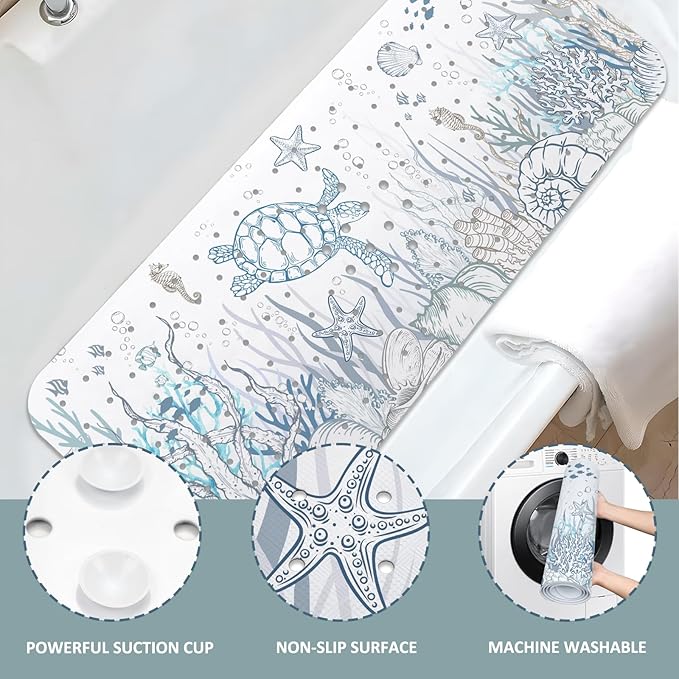 Sea Turtle Bathtub Mat Non Slip, Cute Baby Bath Mat for Tub Rubber Tub Mat, Kids Bath Mats for Bathroom Undersea Anti Slip Shower Mat with Suction and Drain Holes Machine Washable, 40″X16″ - Image 5