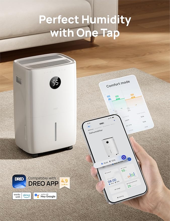 DREO 110-Pint Smart Dehumidifier for Basement, 4500 Ft² for Large Room, 2 Gallon Water Tank, Auto/Comfort/Constant Mode Dehumidifiers for Home, Bedroom, Bathroom, with Drain Hose, Starlight, 711S - Image 6