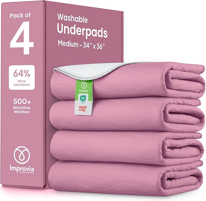 IMPROVIA® Washable Underpads, Heavy Absorbency Reusable Incontinence Pads for Kids, Adults, Elderly, and Pets, Waterproof Protection Floor (Pink and White, 34" x 36" - Pack of 4) by IMPROVIA