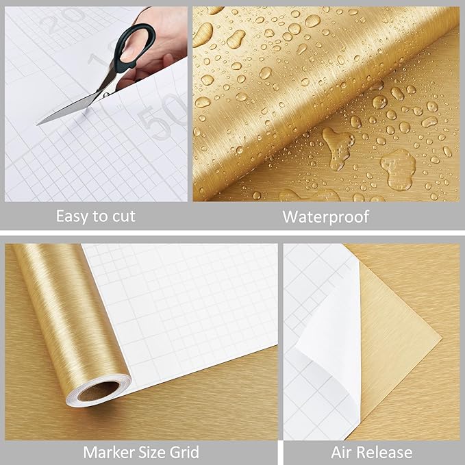 WESTICK Gold Stainless Steel Contact Paper for Countertops Self Adhesive Textured Gold Wallpaper Peel and Stick Waterproof Fridge Wrap Wallpaper Vinyl for Cabinets Appliances Dishwasher 12"x394" - Image 6