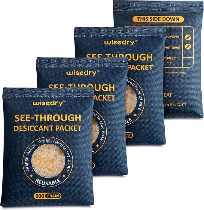 wisedry 4 x 500 Gram See-Through Silica Gel Packets, Color-Indicating Desiccant Packs for Storage, Reusable Safe Dehumidifier, Heat Resistant Dehumidifier Bags by wisedry
