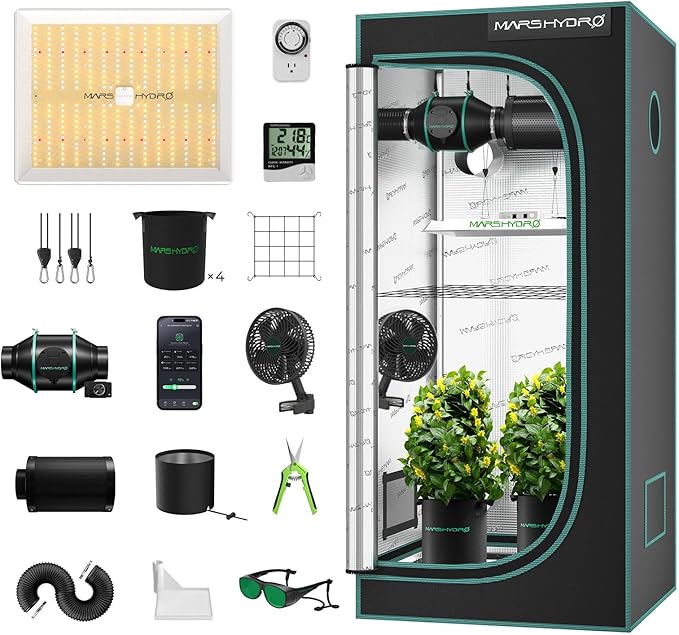 MARS HYDRO 3x3 Grow Tent Kit Complete System,150W TS1000 LED Programmable&Dimmable Grow Light, 32"x32"x63" 1680D High Reflective Mylar Grow System with 4inch Smart WiFi Control Ventilation System by MARSHYDRO