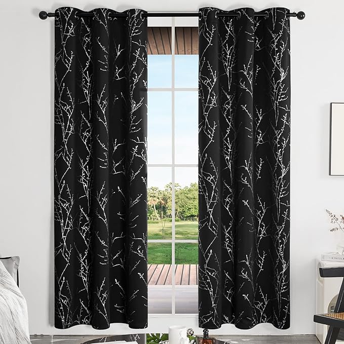 Deconovo Black Blackout Curtains, Thermal Insulated Soundproof Privacy Curtain Drapes, Branch Foil Print, 42 x 84 Inch Long, 2 Panels, Machine‑Washable Window Panel for Bedroom Living Room Office Home - Image 2