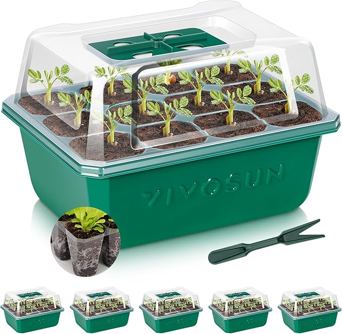 VIVOSUN 6-Pack Seed Starter Trays, 72-Cell Seed Starter Kit with Humidity Dome, Flat Reusable Plant Germination Trays with Drain Hole, Green Propagation Tray for Planting Seeds by VIVOSUN