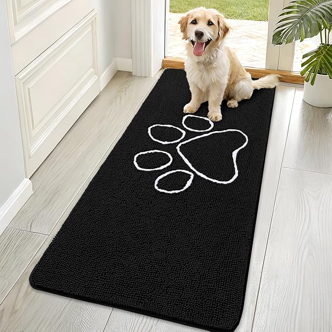 OLANLY Dog Door Mat for Muddy Paws 70x35, Paw Print Design, Absorbs Moisture and Dirt, Absorbent Non-Slip Washable Doormat, Quick Dry Chenille Mud Mat for Dogs, Entry Indoor Entryway Carpet, Black by OLANLY