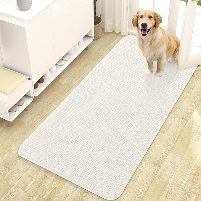 OLANLY Dog Door Mat for Muddy Paws 47x24, Absorbs Moisture and Dirt, Absorbent Non-Slip Washable Doormat, Quick Dry Chenille Mud Mat for Dogs, Entry Indoor Entryway Carpet for Inside Floor, Ivory by OLANLY