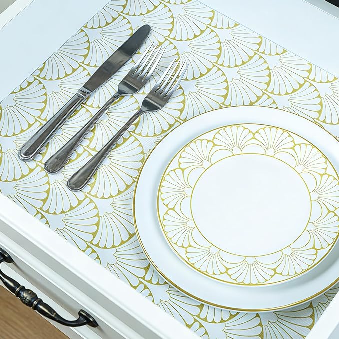 Shelf Liners Non Adhesive Gold Background White Fan-Shaped Pattern - Thickened Non-Slip Easy to Clean Drawer Liner for Kitchen Cabinets, Tool Box,Refrigerator,with Knife & Tape Measure,12in x 20FT. - Image 7
