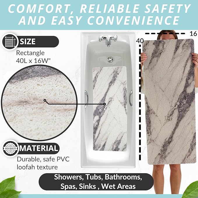 Non Slip Bathtub Mat Shower Mat for Tub - Loofah Bath Mats for Bathroom - 40x16 Bathtub Floor Mat - Textured Anti Slip Bath Mat Without Suction Cups - Secure Mat for Wet Areas (40x16 Marble Gray) - Image 3