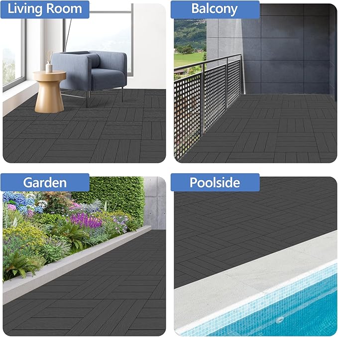 MYFAMIREA 36 Pcs Plastic Interlocking Deck Tiles 12" x 12" Patio Floor Decking Tiles Indoor Outdoor Waterproof Non-Slip Flooring Tiles All Weather Use for Balcony Backyard Porch Poolside, Dark Grey - Image 8