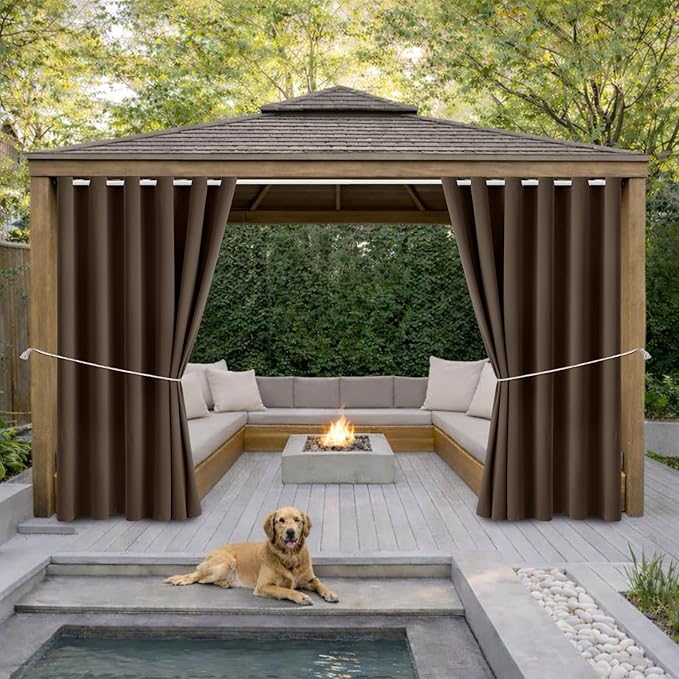 Water Proof Outside Curtains W84 x L84 with Grommet Top for Porch, Thermal Insulated Washable Light Block Outdoor Divider Drapes for Patio Gazebo Deck Pool Area Pergola Cabana (Brown, 2 Panels) by DivaenCamino