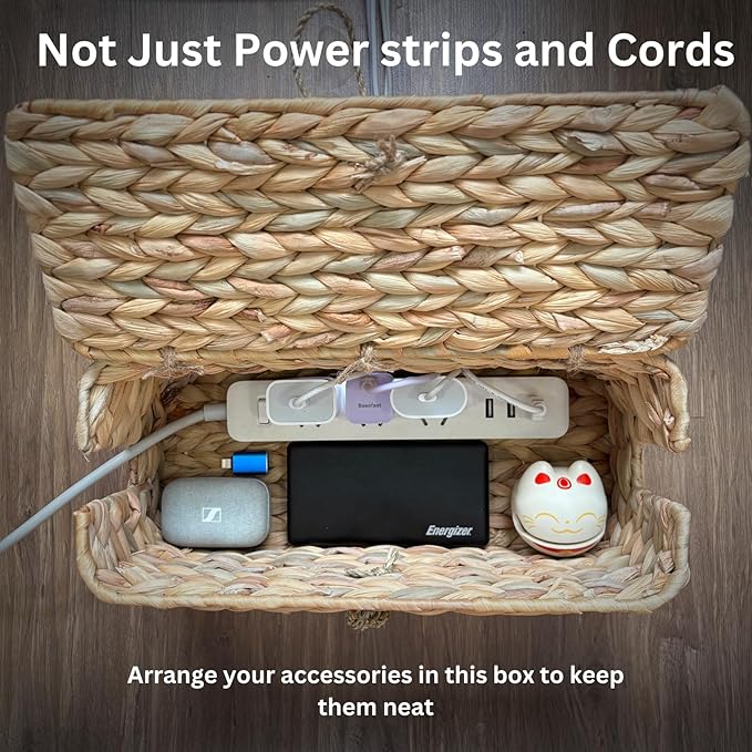 Wicker Cable Management Box with Lid, A Handwoven Water Hyacinth Cords Hider Box for TV, Computer, Router, USB Hub to Hide Cords & Power Strip for Desk, Floor, Office 12.8x5.5x5.5 - Image 6