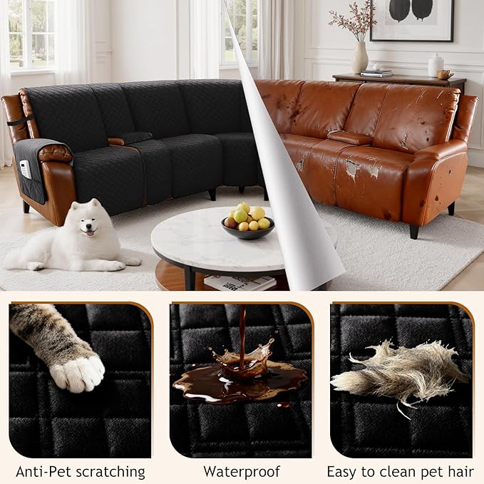 Arfntevss Waterproof Recliner Sectional Couch Covers for Reclining L Shape Sofa Cover Non Slip Washable L Shaped Slipcover Sets for Dog Furniture Protector (5 Seat with 2 Console Cover, Black) - Image 6