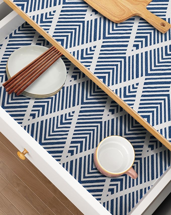 Cohoo Home Drawer and Shelf Liners for Kitchen Cabinet Non Adhesive,17.3in ×23.6FT Non Slip Cabinet Liners for Shelves, Drawer Paper Cupboard Strong Grip Bathroom Waterproof Washable Thick Blue Stripe by CohooHome