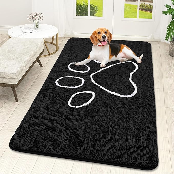 OLANLY Dog Door Mat for Muddy Paws 59x32, Paw Print Design, Absorbs Moisture and Dirt, Absorbent Non-Slip Washable Doormat, Quick Dry Chenille Mud Mat for Dogs, Entry Indoor Entryway Carpet, Black by OLANLY