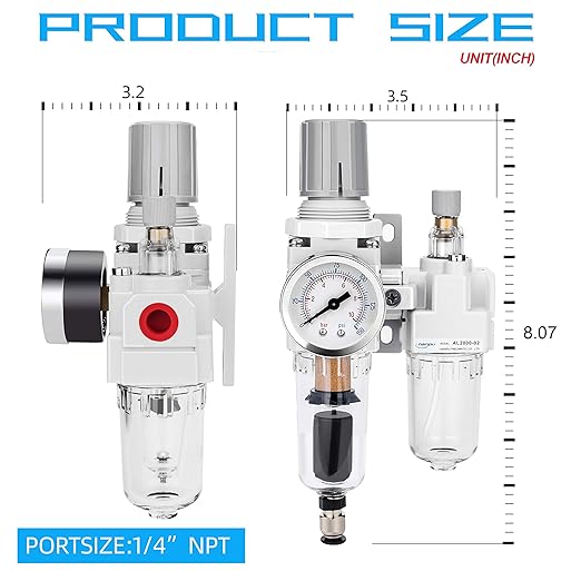 NANPU 1/4" NPT Auto-Drain Air Filter Regulator Lubricator Combo (FRL) Water/Oil Trap Separator - Gauge(0-150 psi), 5 Micron Brass Element, Poly Bowl, Metal Bracket - Image 3