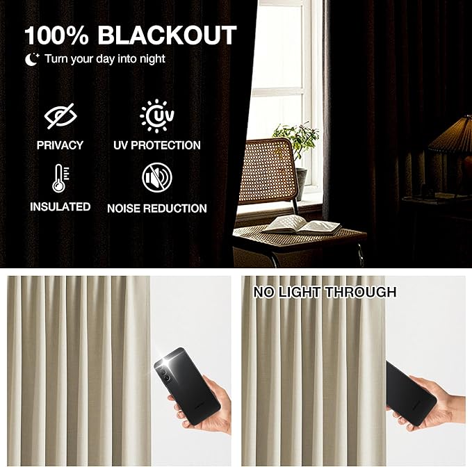 Kayne Studio Sand Pinch Pleated Full Blackout Curtains, Linen Blend Room Darkening Thermal Insulated Soundproof Drapes, 84 Inch Back Tab Window Curtains for Living Room Bedroom (2 Panels, 40"x84") - Image 4