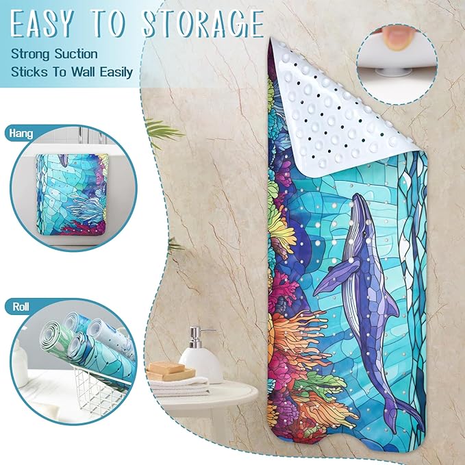EAN Animals Bathtub Mat Non Slip, Sea Baby Bath Mat for Tub Rubber Tub Mat, Cute Toddler Kids Bath Mats for Bathroom Whale Anti Slip Shower Mat with Suction and Drain Holes Machine Washable, 40″x16″ - Image 6