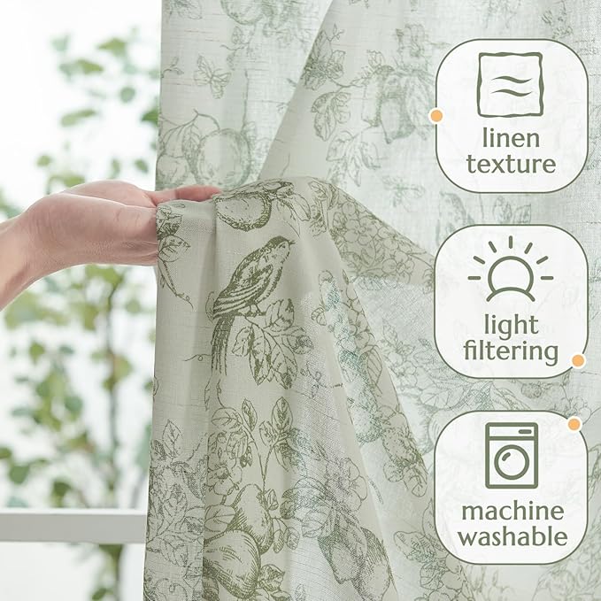 jinchan Linen Floral Curtains for Living Room 63 Inch Long Sage Green Printed Flower French Country Curtain Farmhouse Cottage Core Toile Curtains Back Tab Light Filtering Window Drapes Set 2 Panels - Image 3
