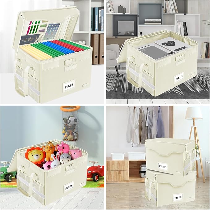 DocSafe Fireproof Document Box with Lock,File Storage Organizer with Zipper Pockets,Collapsible Portable File Box Home Office Safe Filing Cabinet with Handle for Hanging Letter/Legal Folders,Beige - Image 2