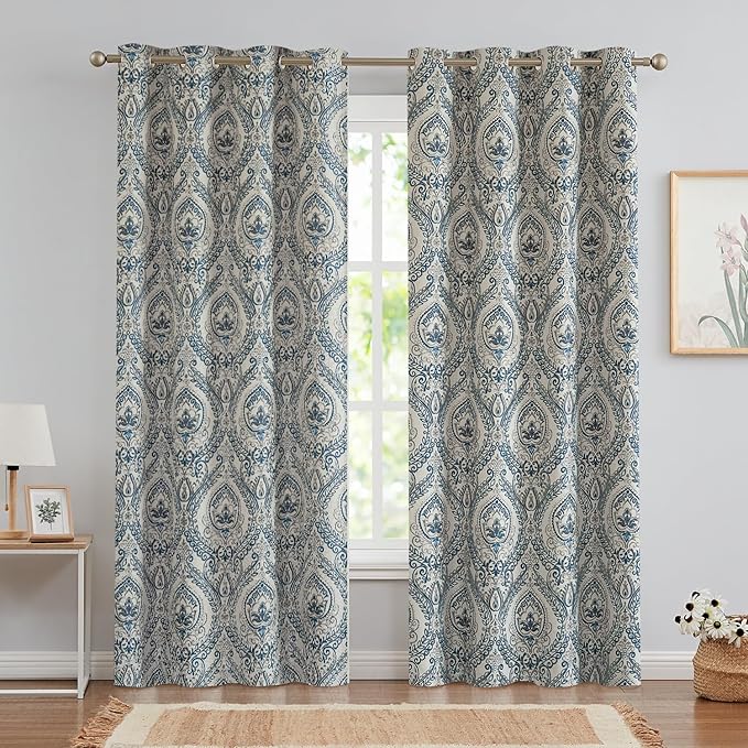 Vangao Vintage Damask Blue Curtains 84 Inch Long Blackout Curtains Linen Textured Floral Paisley Medallion Print for Bedroom Living Room Darkening Drapes Window Treatment 2 Panels Navy on Beige - Image 2