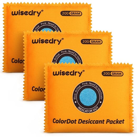 wisedry 200g [3 Packs] Rechargeable Large Desiccant Packs for Storage, Color Indicating Silica Gel Desiccant Packets, Reusable Moisture Absorbers Bags for Clothes, Suitcase, Gun Safe, Tool Box by wisedry