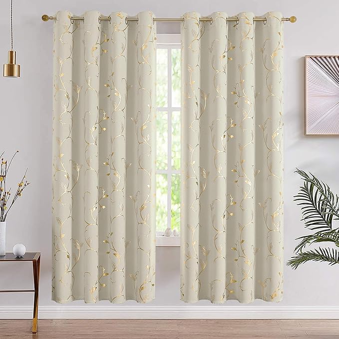 BUHUA Blackout Curtains Gold Foil Print Flower Vine Grommet Drapes, Room Darkening Thermal Insulated Curtains, Noise Reducing Curtain for Bedroom, Natural, 52Wx63L, 2 Panels - Image 2