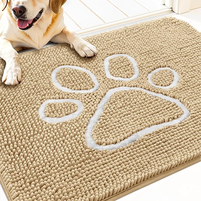 OLANLY Dog Door Mat for Muddy Paws 30x20, Paw Print Design, Absorbs Moisture and Dirt, Absorbent Non-Slip Washable Doormat, Quick Dry Chenille Mud Mat for Dogs, Entry Indoor Entryway Carpet, Beige by OLANLY
