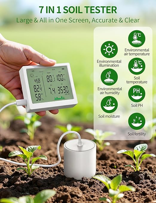 7 in 1 Soil Test Kit, Digital Soil Meter for PH/Sunlight/Fertility/Soil & Air Temp, Humidity Meter for Indoor & Outdoor Plant, Growing Environment Tester with Large LCD Display for Farm, Garden & Lawn - Image 2