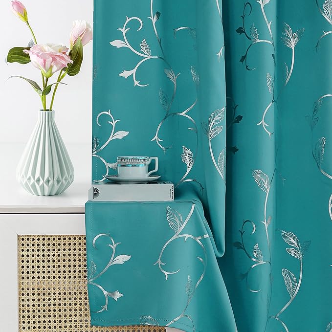 BUHUA Blackout Curtain 2 Panel Set Silver Vine Foil Print Thermal Insulated Drapes Room Darkening Curtains Grommet Window Treatment, 52 x 84 Inch, Teal Blue - Image 4