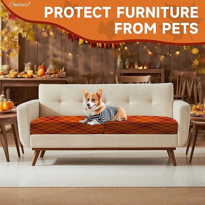 8Pcs Stretch Cushion Covers Outdoor Cushion Cover Replacement Slipcovers Grid Chair Seat Covers for Indoor Patio Furniture Protector(Orange Plaid, CoverOnly) - Image 5