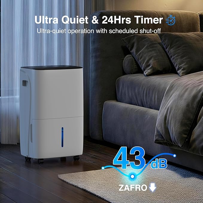ZAFRO Dehumidifiers for Home and Basement with Drain Hose, Energy Saving Max 150 Pints Dehumidifier with Auto or Manual Drainage, Auto Defrost, Three Modes, 24Hrs Timer - Image 5