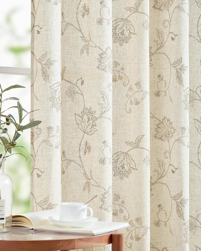 jinchan Linen Curtains Floral Curtain 84 Inch Length for Living Room Bedroom Light Filtering Rod Pocket Back Tab Jacobean Curtains Flax Linen Texture Window Drapes Set 2 Panels Taupe on Linen by JINCHAN