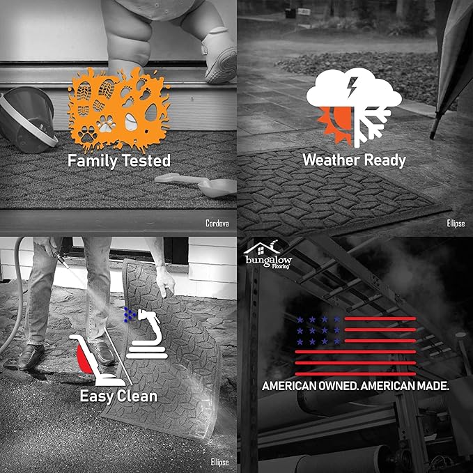 WaterHog Squares Front Door Mat Indoor Outdoor Entrance, Absorbent All-Weather Doormat with Non-Slip Rubber Backing, Dirt & Moisture Trapper, Low Profile, Easy Clean, Made in USA 45.5"x70" Medium Grey - Image 7