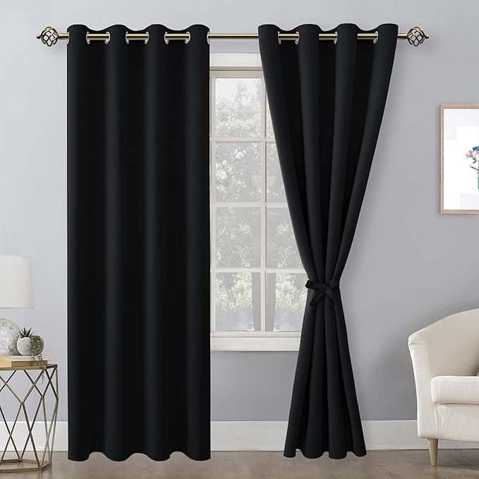 Hiasan Blackout Curtains for Bedroom, 52 x 84 Inches Long - Thermal Insulated & Noise reducing Window Curtains for Living Room, 2 Drape Panels Sewn with Tiebacks, Black - Image 2
