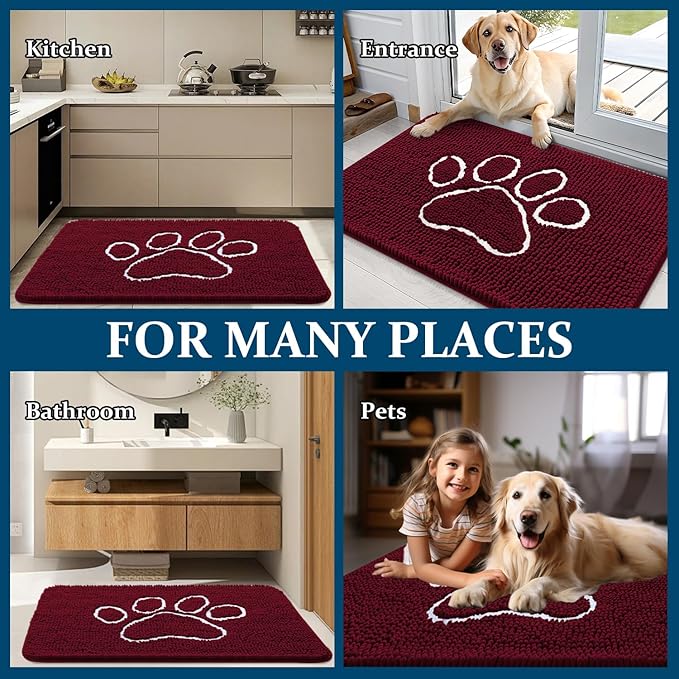 OLANLY Dog Door Mat for Muddy Paws 40x32, Paw Print Design, Absorbs Moisture and Dirt, Absorbent Non-Slip Washable Doormat, Quick Dry Chenille Mud Mat for Dogs, Entry Indoor Entryway Carpet, Burgundy - Image 8