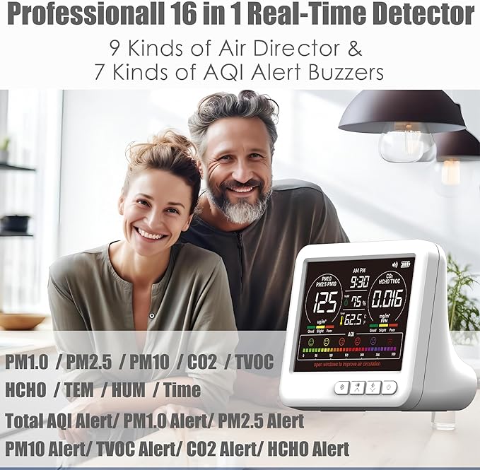 Professional Indoor Air Quality Monitor with 7X AQI Alarms,16 in 1 Portable Real-Time Detector for PM2.5 | PM10 | CO2 | TVOC | HCHO | Temp | Hum for Home Cars Plants Pets - Image 2