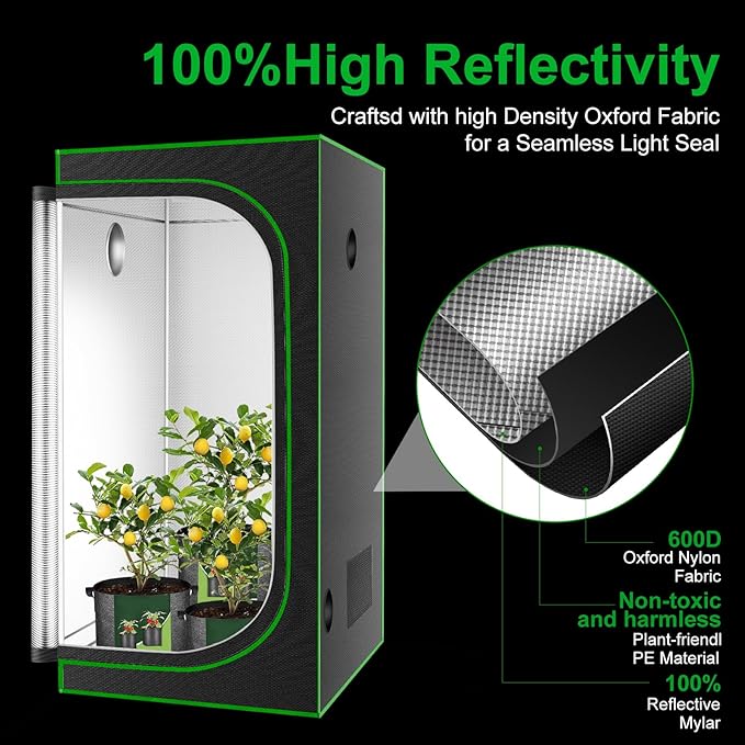 MELONFARM 32"x32"x63'' Grow Tent, High Reflective 600D Diamond Mylar Canvas with Observation Window and Floor Tray for Hydroponic Indoor Plant Growing - Image 2