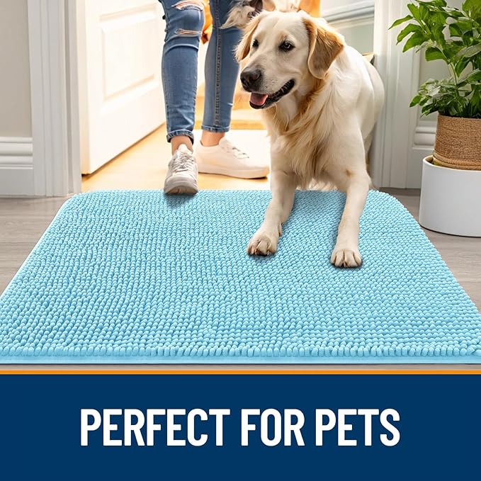 OLANLY Dog Door Mat for Muddy Paws 40x32, Absorbs Moisture and Dirt, Absorbent Non-Slip Washable Doormat, Quick Dry Chenille Mud Mat for Dogs, Entry Indoor Entryway Carpet for Inside Floor, Blue - Image 6