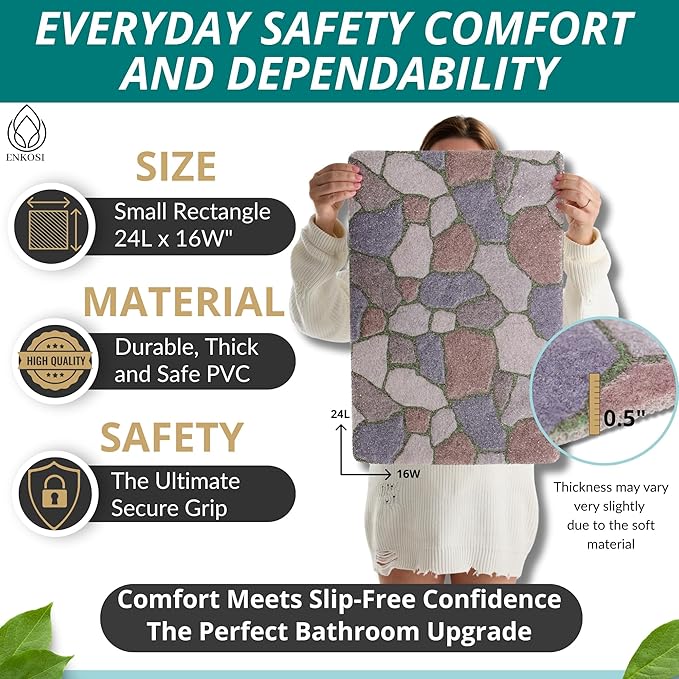 ENKOSI Loofah Non-Slip Shower and Bath Mat - Soft Cushioned Comfort - No Suction Cups for Smooth or Textured Tubs - Fast Draining - Safety for Bathroom, Family, Kids, and Elderly (24x16 Stone Path) - Image 3