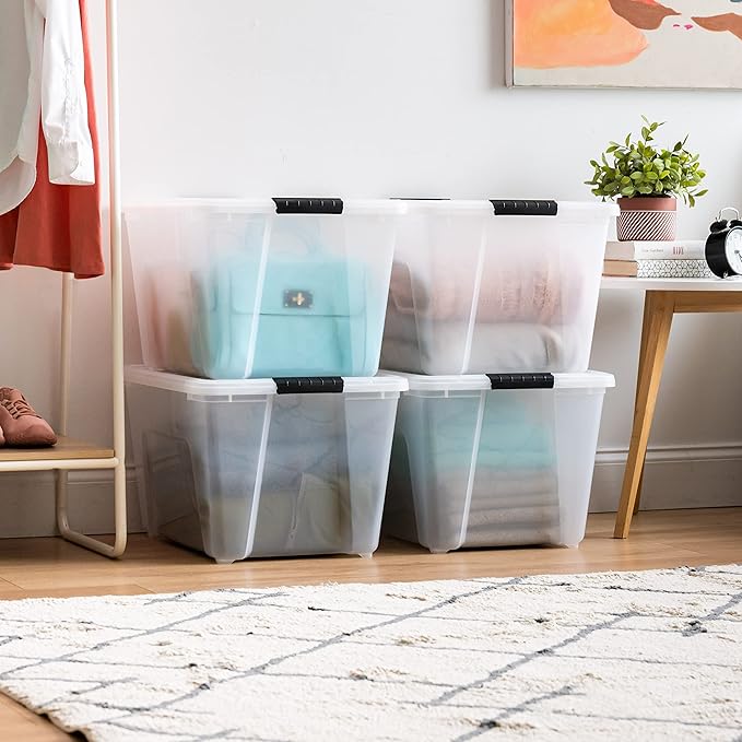 IRIS USA 54 Qt Stackable Plastic Storage Bins with Lids, 4 Pack - BPA-Free, Made in USA - See-Through Organizing Solution, Latches, Durable Nestable Containers, Secure Pull Handle - Clear - Image 3
