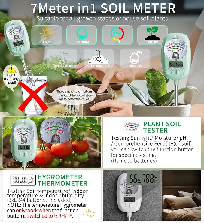 HSLGOVE Soil Test Kit, 7-in-One Soil Moisture Meter/Soil PH Meter/Fertility, Dual Screen Soil Tester w/Digital Soil Temp/Air Temp&Humidity for Plants Gardening,Lawn,Farm Indoor&Outdoor-Blue Green - Image 3