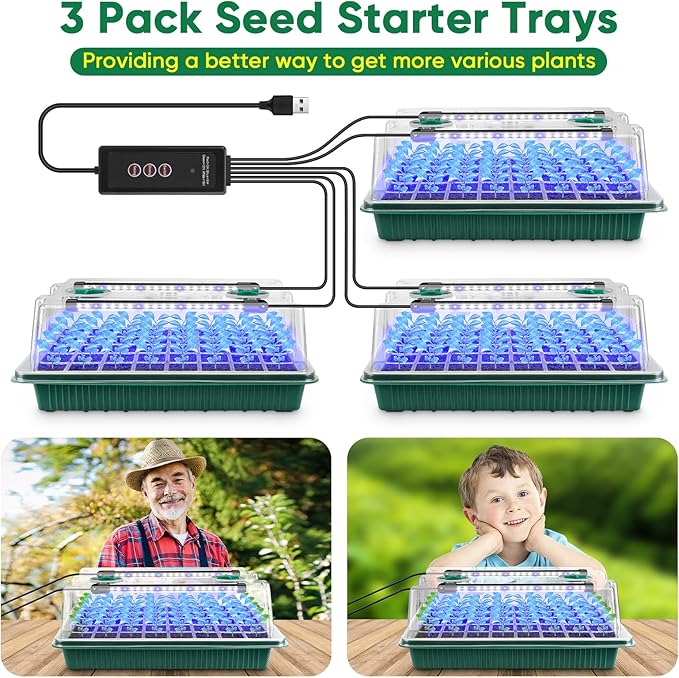 BlumWay Seed Starter Tray with Grow Light,3 Pack 120 Cells Seedling Tray with Humidity Dome/Indoor Grow Kit for Deep-Rooted Seedlings,Adjustable/Timed Light Plant Starter Set - Image 8