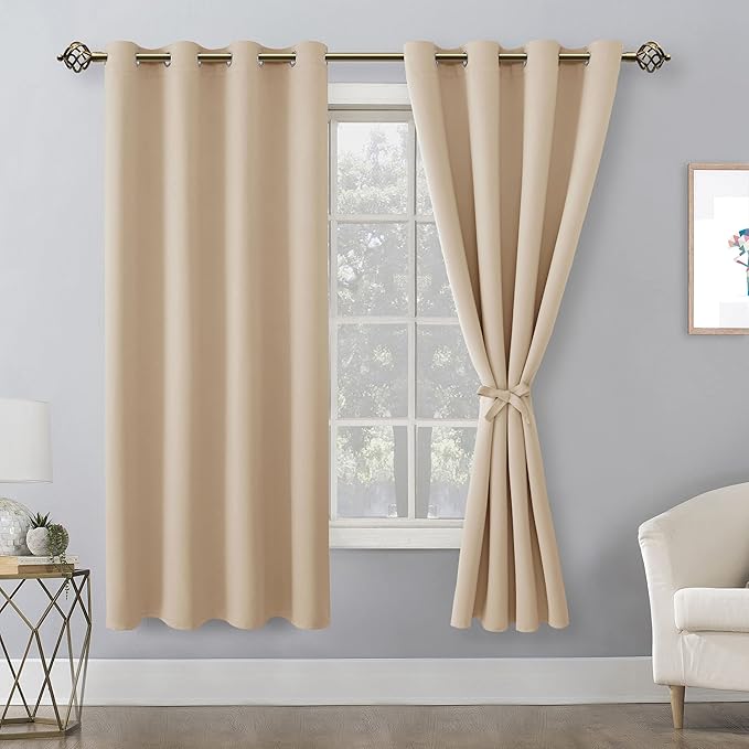 Hiasan Blackout Curtains for Bedroom, 52 x 63 Inches Length - Thermal Insulated & Energy Saving Window Curtains for Living Room, 2 Drape Panels Sewn with Tiebacks, Beige - Image 2