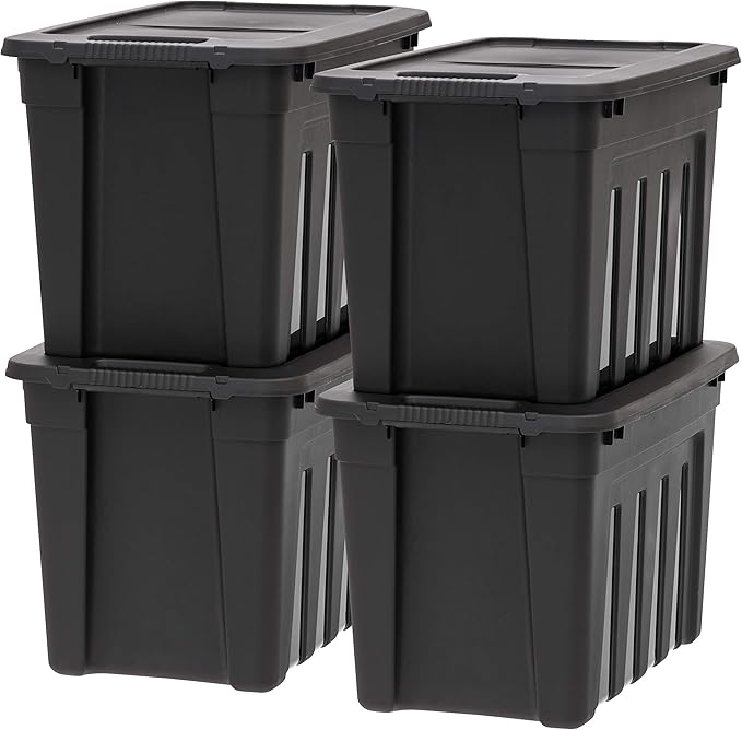 IRIS USA 20 Gallon Heavy Duty Storage Totes with Easy-Grip Handles, 4 Pack - Large Bins with Lids Garage Organizing Tubs, Durable Stackable Utility Containers, Made in USA - Black by IRISUSA