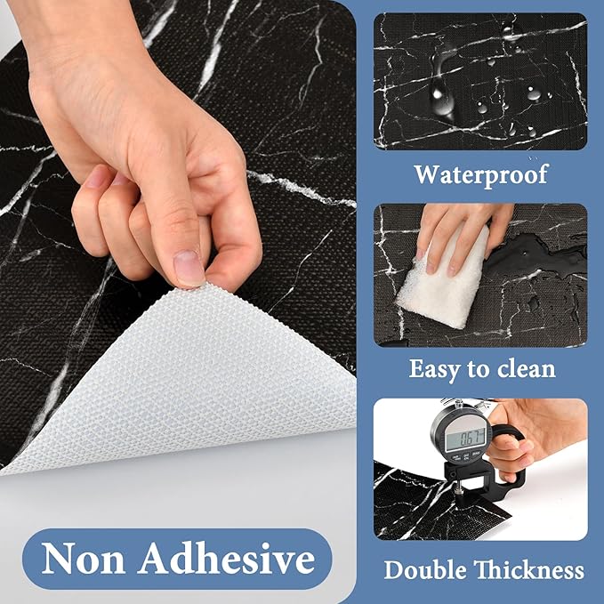 Drawer and Shelf Liner for Kitchen Cabinet: 17 in X 20 Ft Non Slip Waterproof Shelf Paper Non Adhesive Refrigerator Liners Black Marble Easy Liners for Bathroom with Knife Tape Measure - Image 3