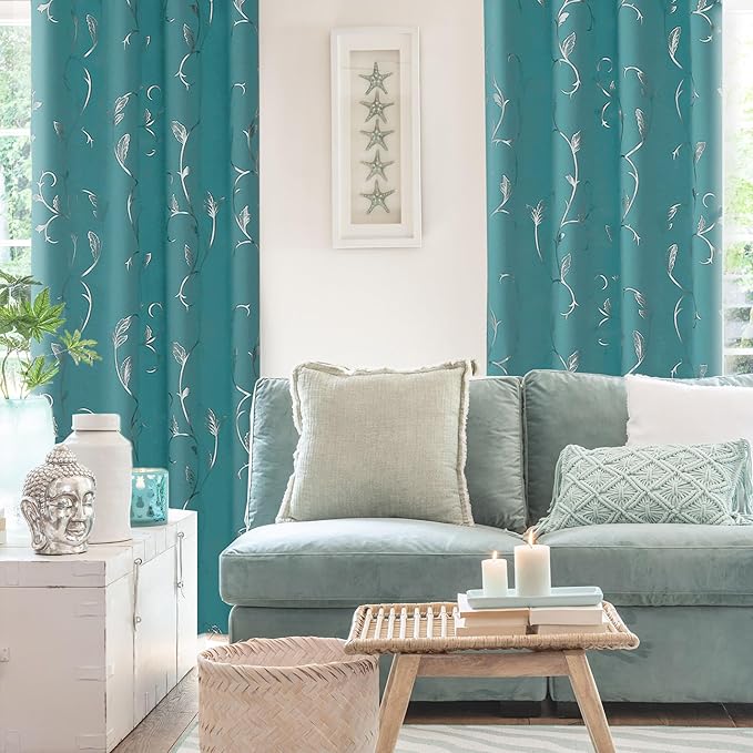 BUHUA Blackout Curtain 2 Panel Set Silver Vine Foil Print Thermal Insulated Drapes Room Darkening Curtains Grommet Window Treatment, 52 x 72 Inch, Teal Blue - Image 3