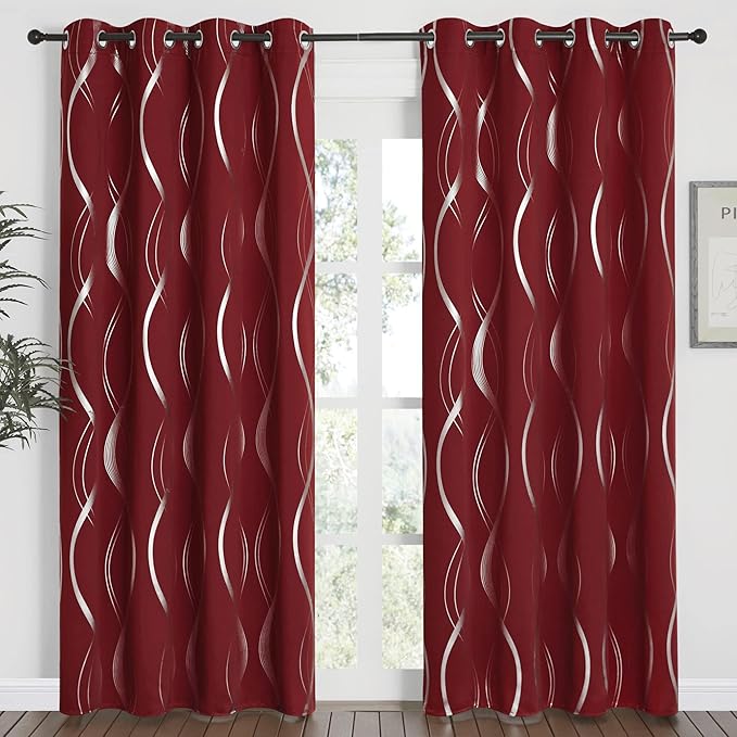 NICETOWN Blackout Curtains 84 inch Length 2 Panels Set, Noise Reducing Thermal Insulated Wave Line Foil Print Design Blackout Curtains for Patio Sliding Glass Door (Burgundy Red, 52-inch Width) - Image 2