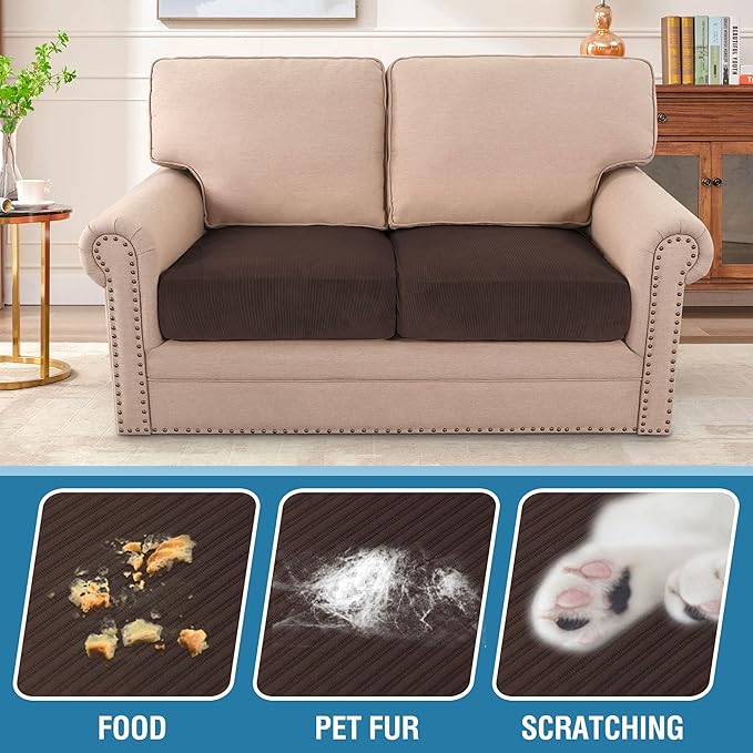 H.VERSAILTEX Velvet Stretch Couch Cushion Cover Plush Cushion Slipcover for Chair Loveseat Sofa Cushion Furniture Protector Seat Cushion Sofa Cover (2 Piece Medium Sofa Cushion Covers, Brown Striped) - Image 3